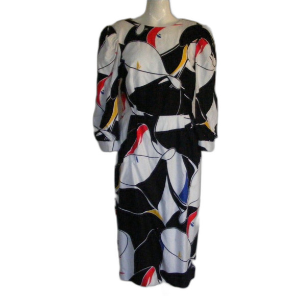 Vintage Dress, S, Abstract print, Shoulder pads, 3/4 sleeve, Low back, Buttons - Picture 7 of 8